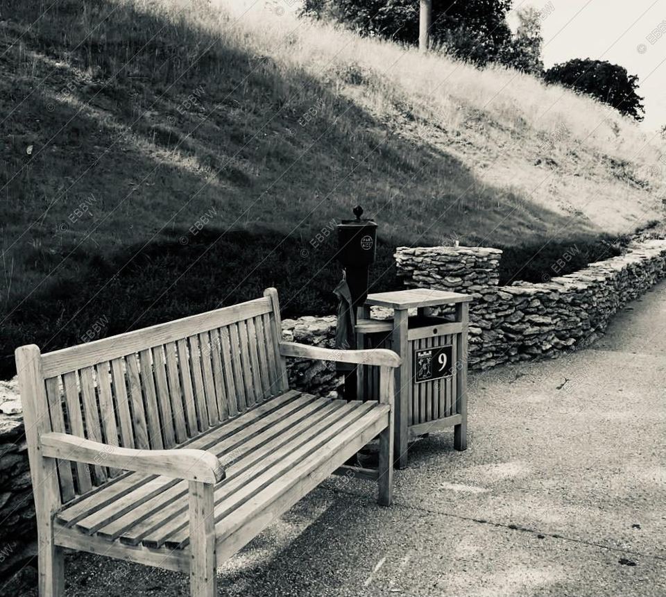 Banc en bois au bord d’un chemin, sous un talus