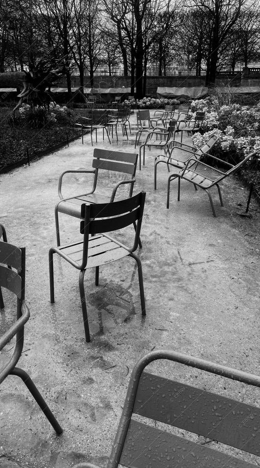 Chaises de jardin vides sur une allée