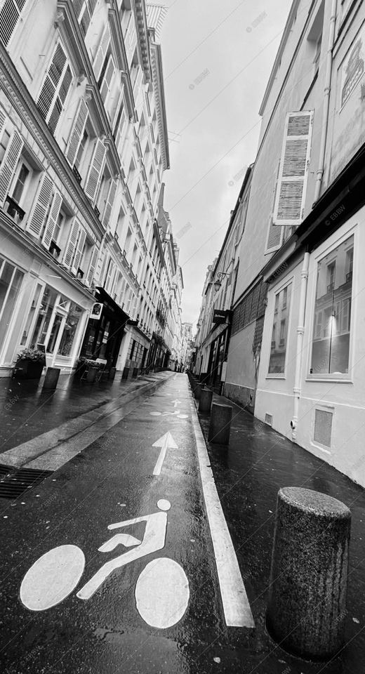 Rue mouillée avec un marquage vélo